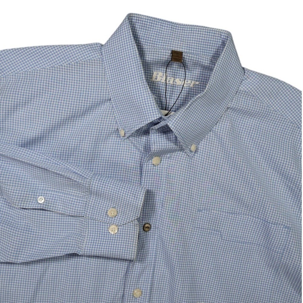 Blaser Button Up Shirt Mens 2XL Blue Excellent Gingham Plaid Long Sleeve Pocket